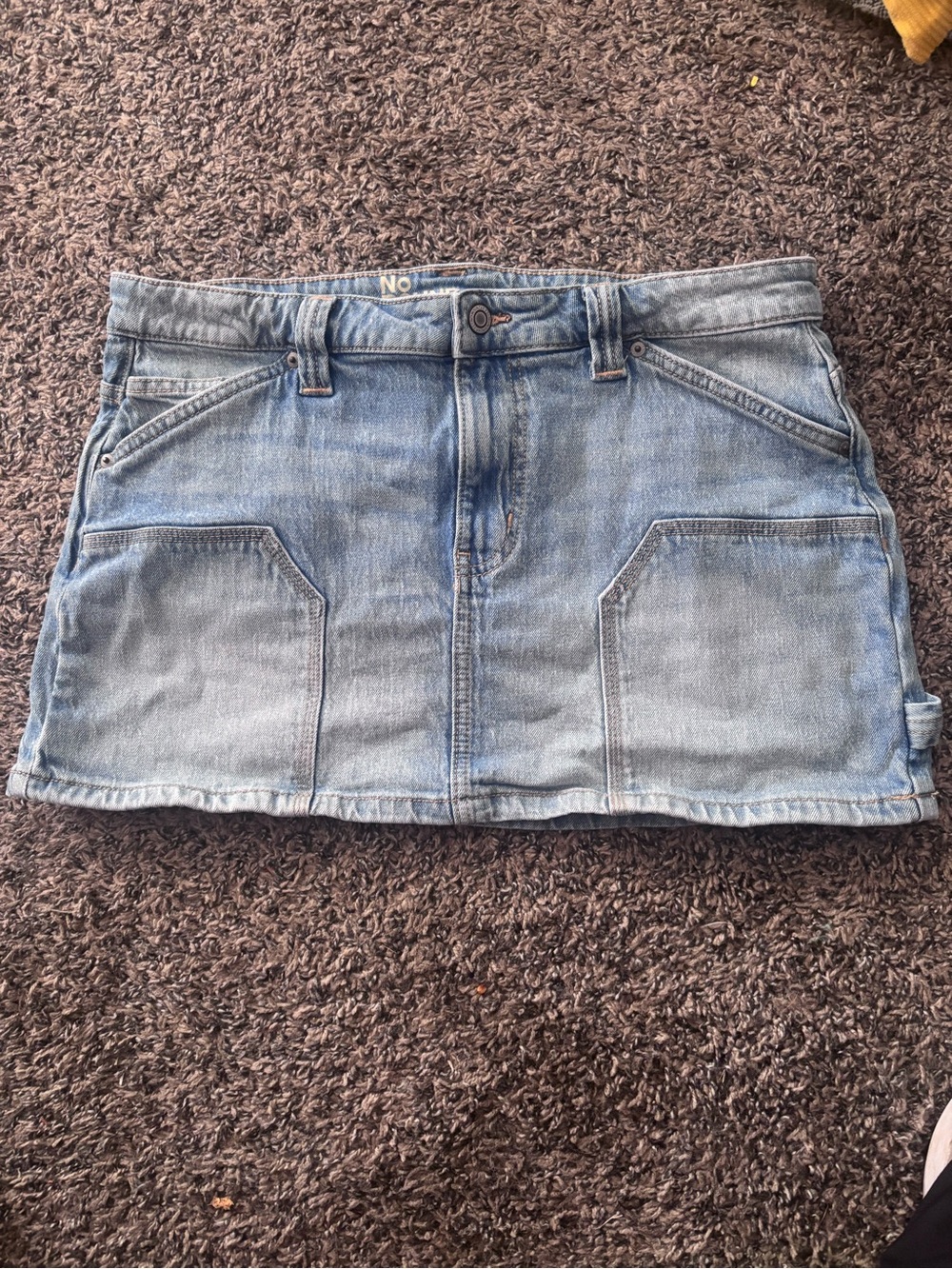 Washed Light Blue Denim Mini Skirt with Front Patch Pockets